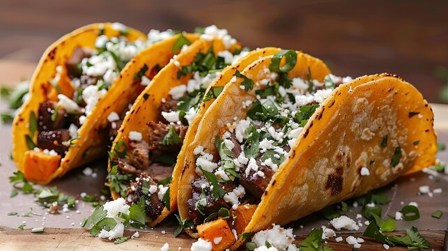 Indulge in mouthwatering Mexican tacos filled with savory meat sweet potatoes and crumbled cotija cheese