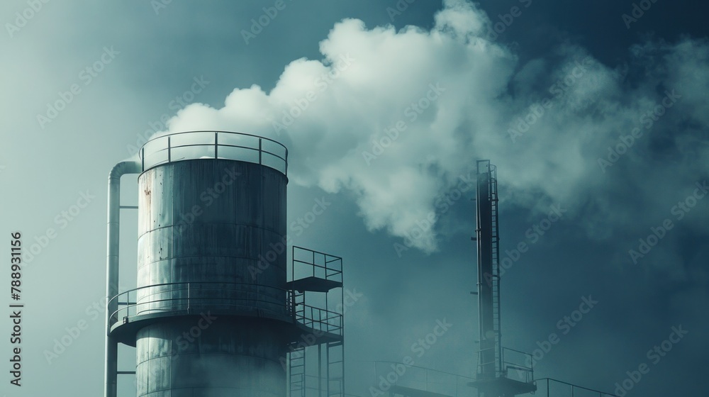 Explosions of steam from tall cylindrical tanks indicate the high heat ...