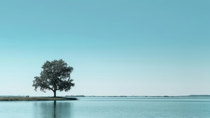 Wall Mural - Illustration of a serene lake with a single tree on the shore under a clear blue sky, in a minimalist style