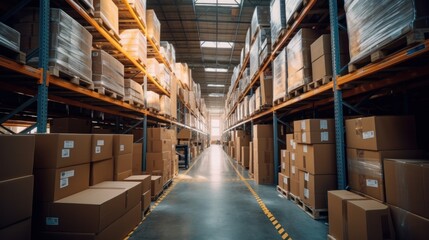 A Warehouse with rows of shelves and boxes. Logistics. Inventory control.