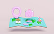 3d map with sandals, luggage, measure, flamingo, pin isolated on pink background. map earth travel concept, 3d render illustration