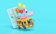 3d mobile phone or smartphone with bus, map, luggage, balloons, flamingo, tree isolated on blue background. map earth travel concept, 3d render illustration