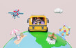 Tourist buses run around the world with boy, plane, luggage, guitar, measure, ferris wheel, island isolated on pink background. travel around the world concept, 3d render illustration
