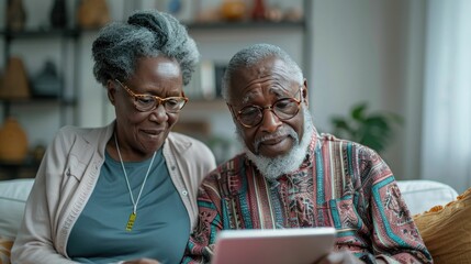 Senior couple reviewing retirement fund growth on a tablet 