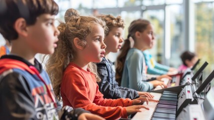 Group of focused children practicing piano in music class with attention and concentration