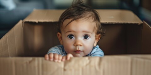 Wall Mural - Baby is in cardboard box and looking at camera