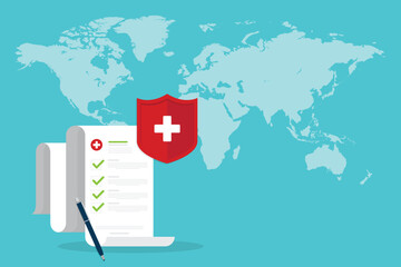 Medical healthcare insurance. Red shield on patient protection policy and pen on a world map background. International health insurance concept. Vector illustration	