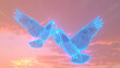 Neon blue doves take flight against a dawn sky of soft pink, messengers of peace in the digital world seeking the light of understanding.