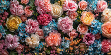 Artificial Flowers Wall For Background In Vintage-AI Generated Image