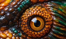 Close-up Of Vibrant Dragon Eye. Detailed Macro Shot Of A Colorful Dragon's Eye, Capturing The Intricate Textures And Vivid Colors