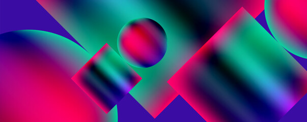 Poster - A vibrant abstract background featuring geometric shapes in shades of purple, violet, pink, magenta, and electric blue on a neonlit backdrop. The visual effect lighting creates a mesmerizing pattern