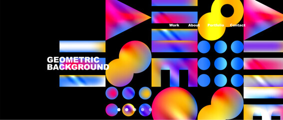 Poster - Vibrant geometric shapes of circles and triangles in electric blue and magenta on a black background create a colorful visual effect perfect for technology events and entertainment displays