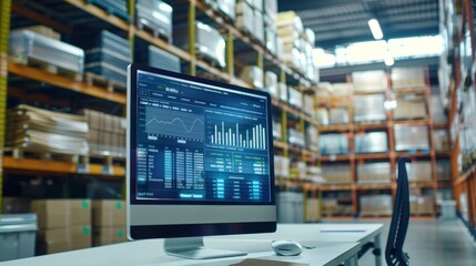 Innovative computerized warehouse management software for real-time parcel delivery monitoring. computer screen