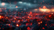 A dynamic scarlet and slate abstract environment, where bokeh lights appear as fleeting moments of brilliance against a stormy sky at dusk. The setting is dramatic and vibrant.