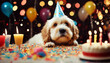 cute Cute  birthday  dog celebrating Funny confetti birthday cake age colourful comical happiness friends party golden retriever group humor humorous together puppy pedigree smiling doggy