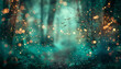 A rich teal and mocha abstract canvas, with bokeh lights evoking the calm, soothing presence of ancient forests whispering secrets to those who walk their paths. The scene is mystical and grounding.