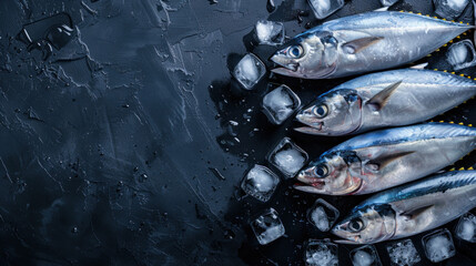 top view bunch of fresh tuna fish on ice cubes and black background