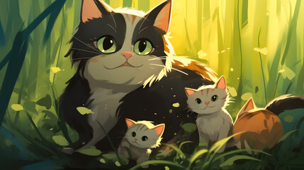 Wall Mural - cat and kittens playing illustration