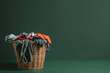 A laundry basket full of t-shirts, pants, shirts, jeans, with a dark green background