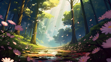 Wall Mural - beautiful view in the forest illustration