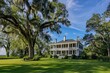 A sprawling plantation estate in the American South, with rows of majestic oak trees draped in Spanish moss and expansive verandas perfect for sipping sweet tea, Generative AI