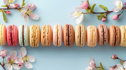 Poster - Capture the vibrant beauty of colorful macarons or macarons arranged in a gift box adorned with apple blossom flowers against a light blue backdrop Experience a top down view of these tradi