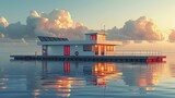 Fototapeta  - Solar panels on ferry docks generate clean energy for marine operations in a sleek flat design illustration style.