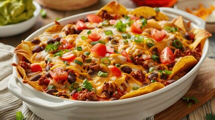 Wall Mural - Delight in a mouthwatering Mexican taco casserole brimming with crispy tacos kidney beans gooey cheese juicy tomatoes and savory ground beef