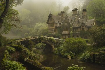 An enchanting Tudor-style estate enveloped in misty woodlands, with a winding river meandering through the landscape and quaint stone bridges, Generative AI