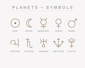 astrological planets symbols. minimalist vector. set of symbols for horoscope.sun, moon, mercury, ve