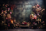 Fototapeta Tęcza - Maternity backdrop, wedding backdrop, photography background with delicate flowers and vintage door.