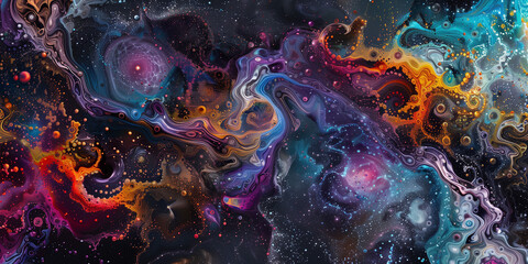 Wall Mural - Create an abstract design inspired by the movement of celestial bodies within a galaxy, incorporating swirling patterns and bursts of star clusters against a deep cosmic backdrop.



