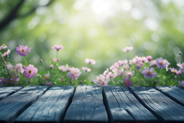 Wall Mural - Empty wooden table on easter spring background.