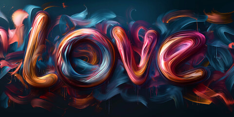 Wall Mural - The word love written in vibrant brushstrokes, dynamic paint textures in romance positive emotion