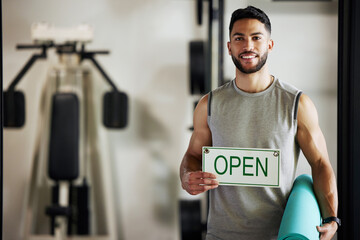Aufkleber - Man, portrait and open sign in gym for exercise with yoga mat, health workout and startup advertising. Entrepreneur, signage and welcome in wellness club for marketing, sports training and employee