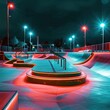 Skate park at night with neon rails and ramps