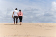 A couple is walking in desert, holding hands