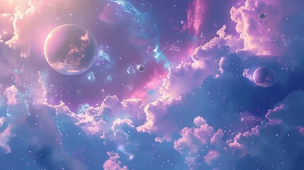 Wall Mural - A colorful space scene with a pink and purple sky and a large pink planet