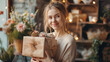 Young Woman Holding Rustic Gift Box Shop, Mother's Day, Smile Flowers Present
