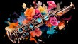 Abstract and colorful illustration of a clarinet on a black background with flowers