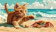 Cat chasing a crab scuttling across the sand