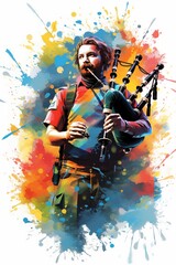 Wall Mural - Abstract and colorful illustration of a man playing bagpipes on a white background