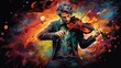 Abstract and colorful illustration of a man playing violin on a black background