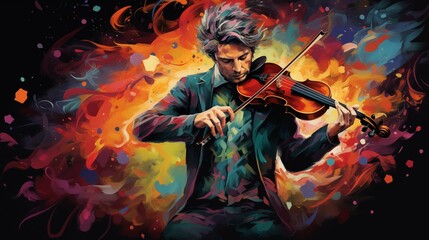 Wall Mural - Abstract and colorful illustration of a man playing violin on a black background