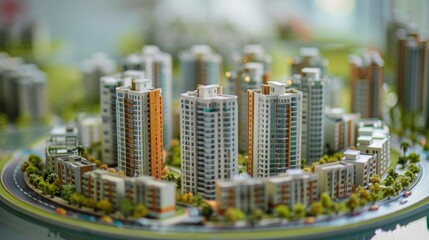 Wall Mural - Miniature modern condo building models arranged in a circle with arrows pointing towards them, symbolizing the growth and expansion of urban communities.
