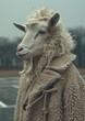 Portrait of a goat wearing a sheepskin coat in the city. Generative ai. 