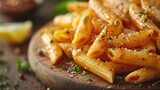 Fototapeta Do pokoju - Penne pasta in tomato sauce with chicken, tomatoes decorated with parsley, Close up. Generative Ai. 