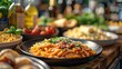 Pasta Penne Bolognese in plate on light background. Bolognese sauce is classic italian cuisine dish. Popular italian food. Generative Ai. 