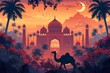 An artistic depiction of a peacock, elephant, camel, and palace in a classic Indian setting, ideal for wallpaper or company artwork.