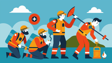 Wall Mural - A team of volunteers practicing search and rescue techniques using specialized tools and equipment.